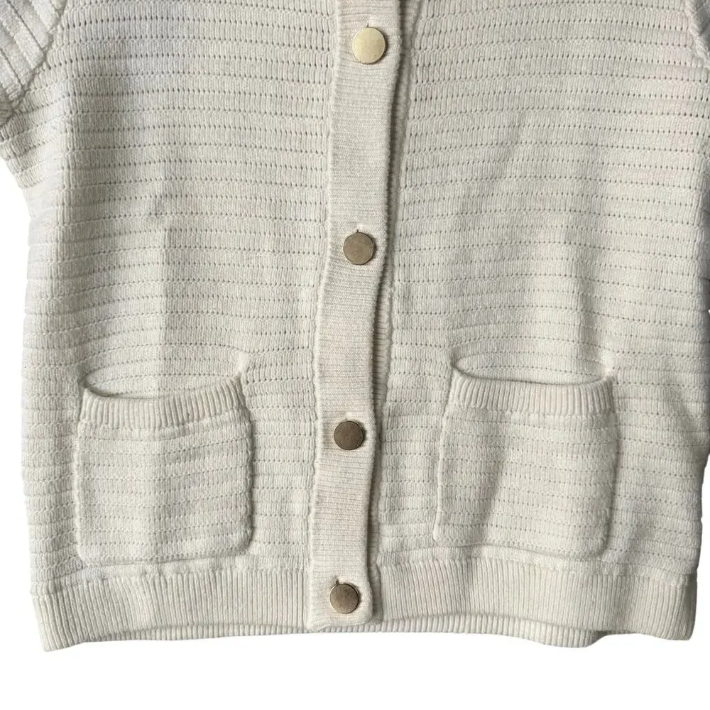 Sanctuary Cream Pointelle Chunky Knit Cardigan Gold Button Sweater Jacket -‎ Med